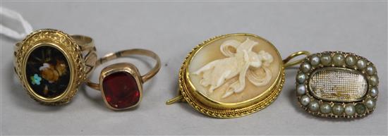 A 19th century Italian yellow metal-mounted cameo brooch, a micro-mosaic ring (a.f.) and two other items